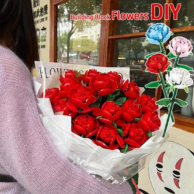 Creative Romantic Rose Flower Home Desk Plant Bouquet Decoration Building Blocks Bricks Birthday Valentine's Day Gifts for Girls Lover Lady