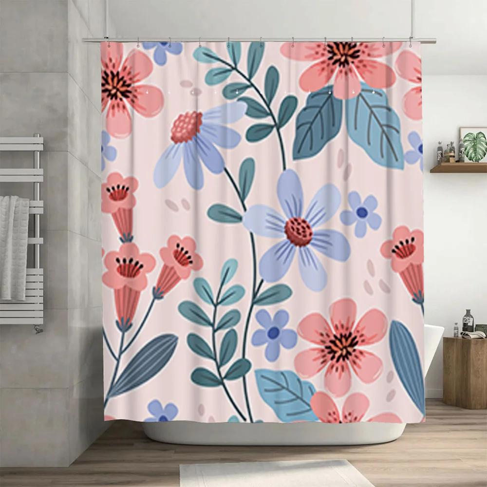 Waterproof Shower Curtain with Pink Flowers Print for Bathroom Decor Waterproof Home Accessory Made from Polyester Fabric Suitab
