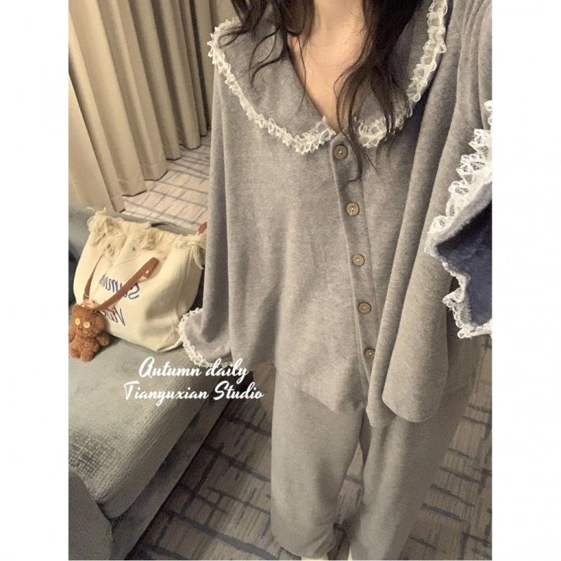 Korean Style Pajama Set: Women's Cute Lace Doll Collar, Long Sleeve & Pants for Spring/Autumn