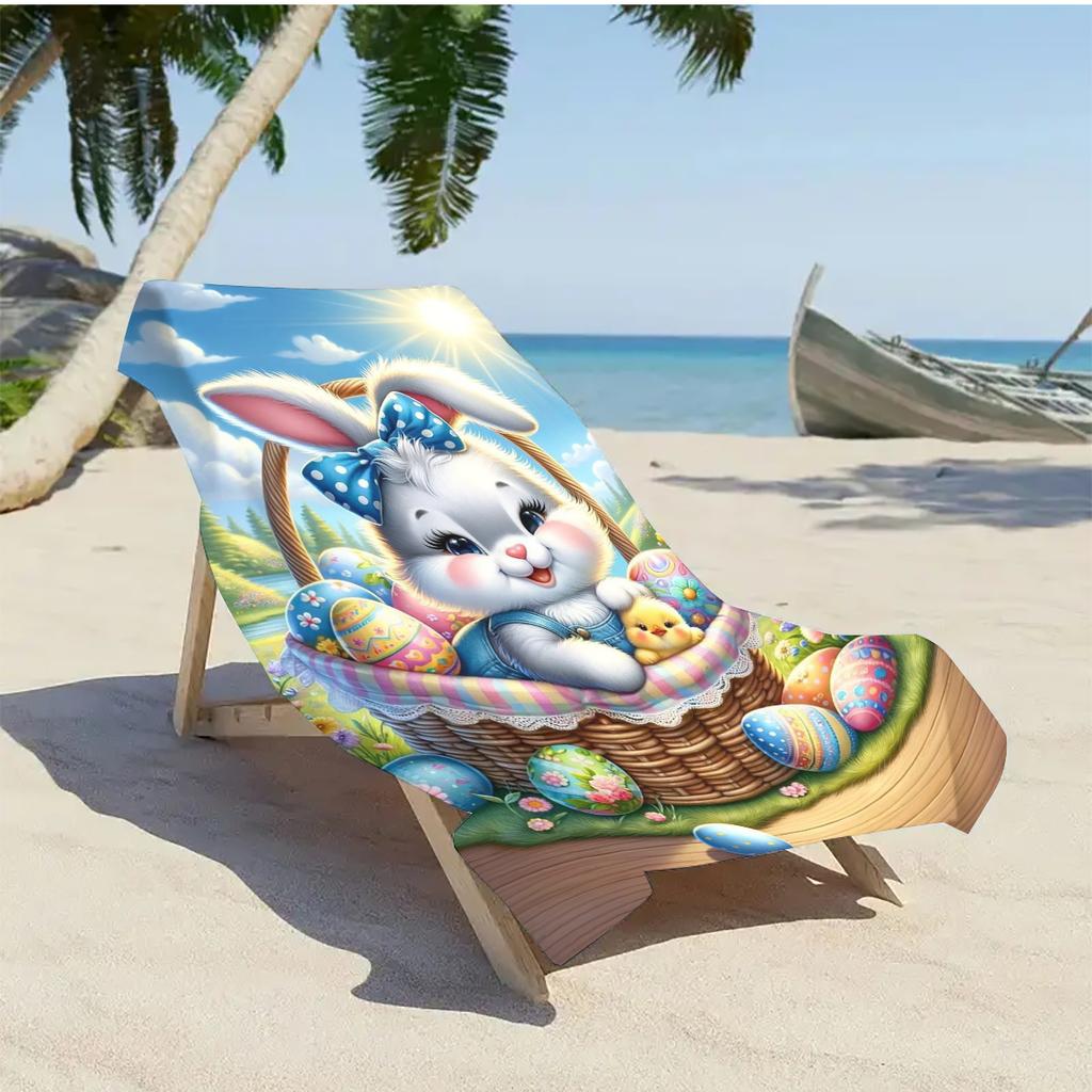 1Pc Adorable Cartoon Rabbit Basket Print Beach Towel Soft Plush Beach Holiday Photo Prop Shoulder Wrap For Vacation Atmosphere