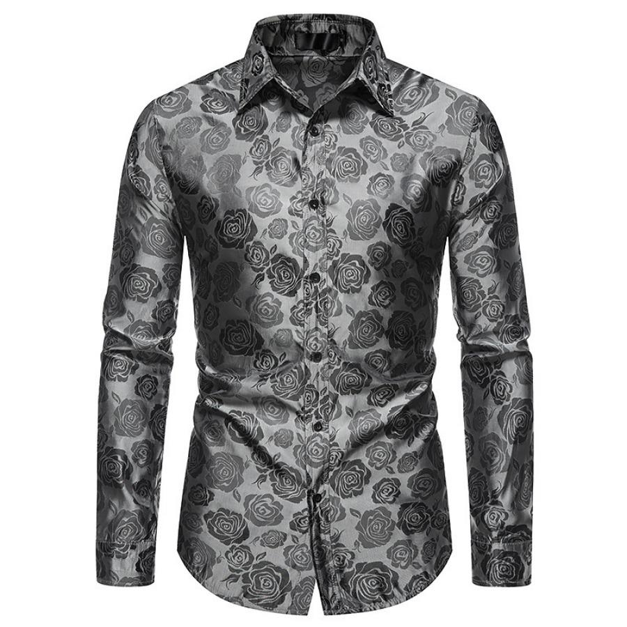 Men's Long Sleeve Fashionable Shirt Rose Print Casual Button Shirts Men Lapel Spring Formal Clothing