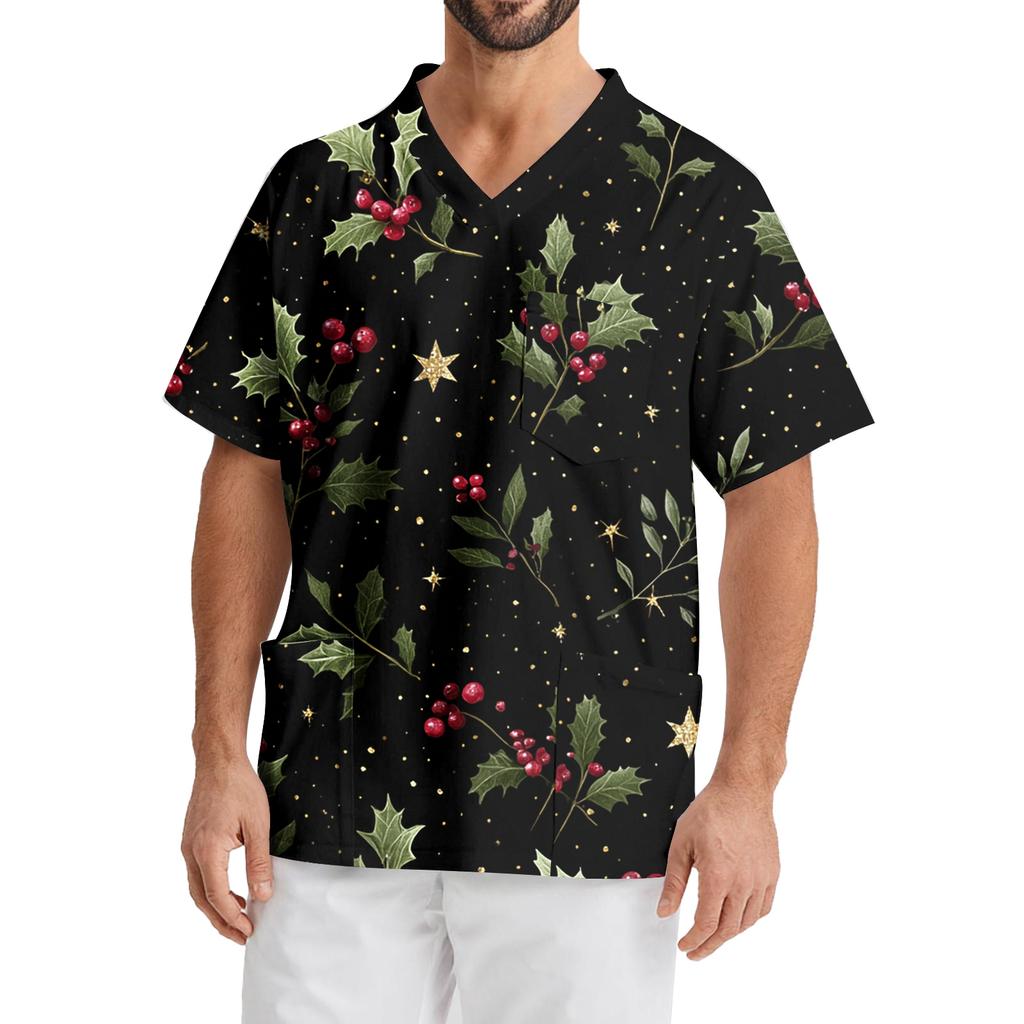 Men's Printing Short Sleeve V-neck Working Blouse Chest Pocket Carer Top