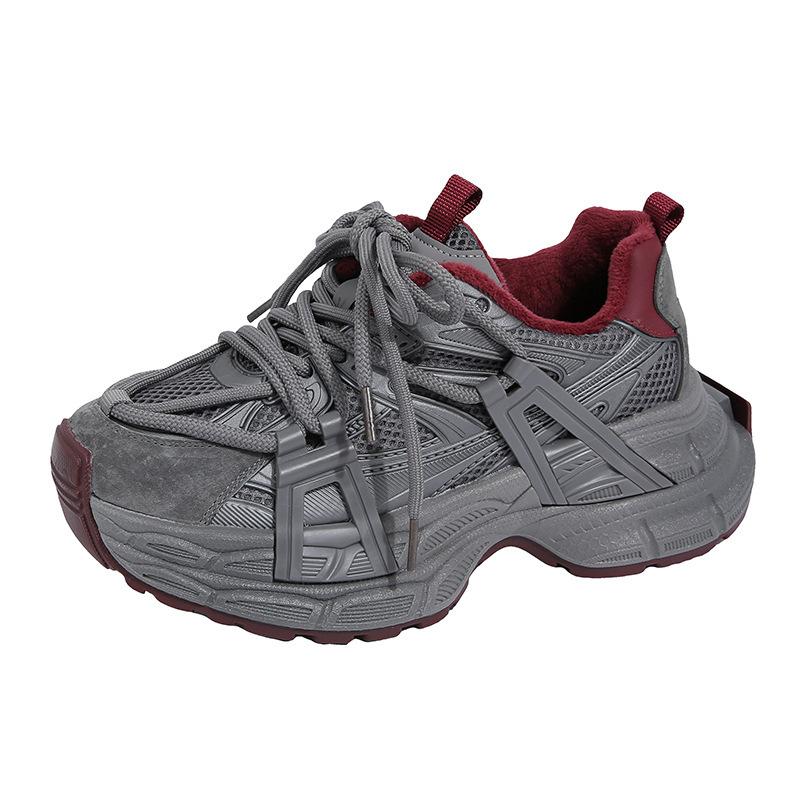 

Женские флисовые новые сетчатые шнурованные туфли с круглым носком на толстой подошве, нескользящие, повседневные, универсальные спортивные туфли, увеличивающие рост 40