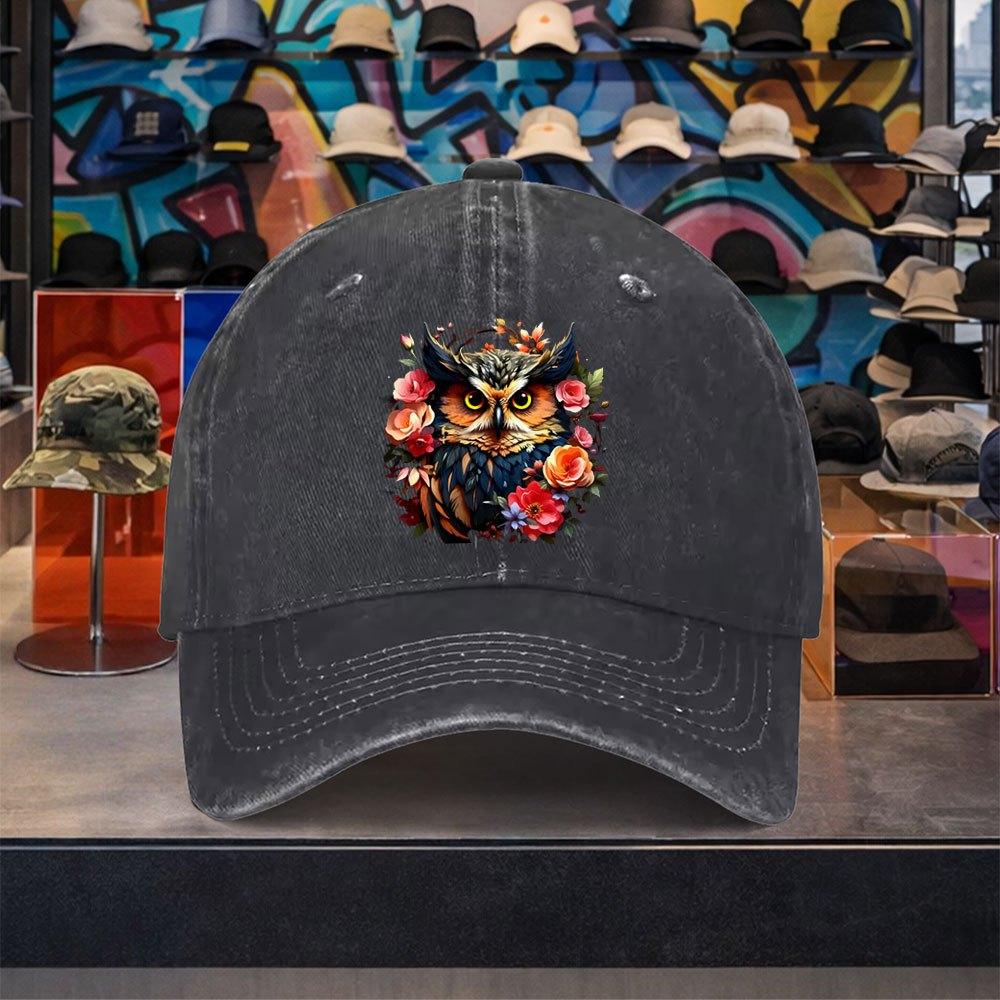 Owl Floral Print Washed Cotton Baseball Cap Adjustable Unisex Vintage Casual Outdoor Hat