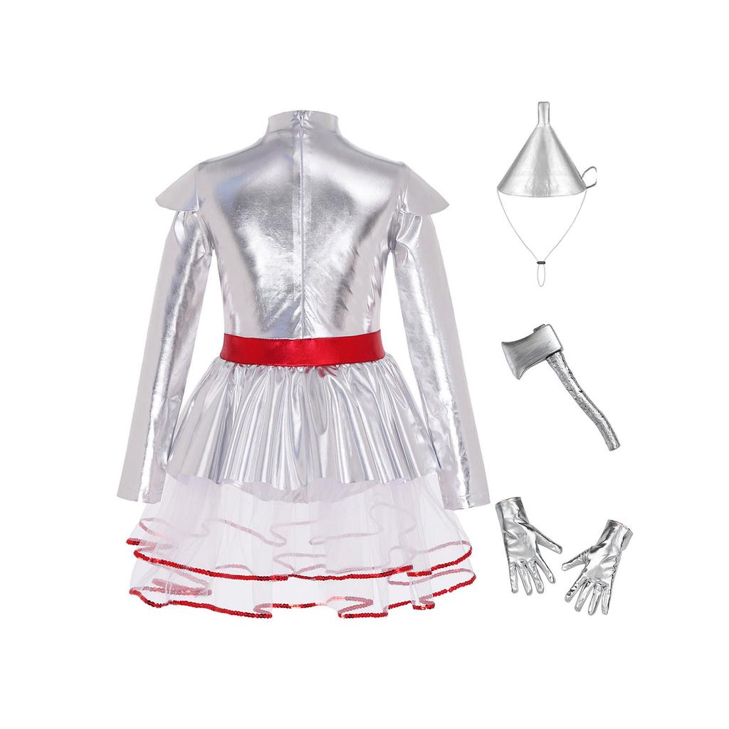 Kids Girls Halloween Tin Costume Mock Neck Long Sleeve Back Invisible Zipper Metallic Tulle Tutu Dress with Hat Axe Gloves for Role Play Theme Party