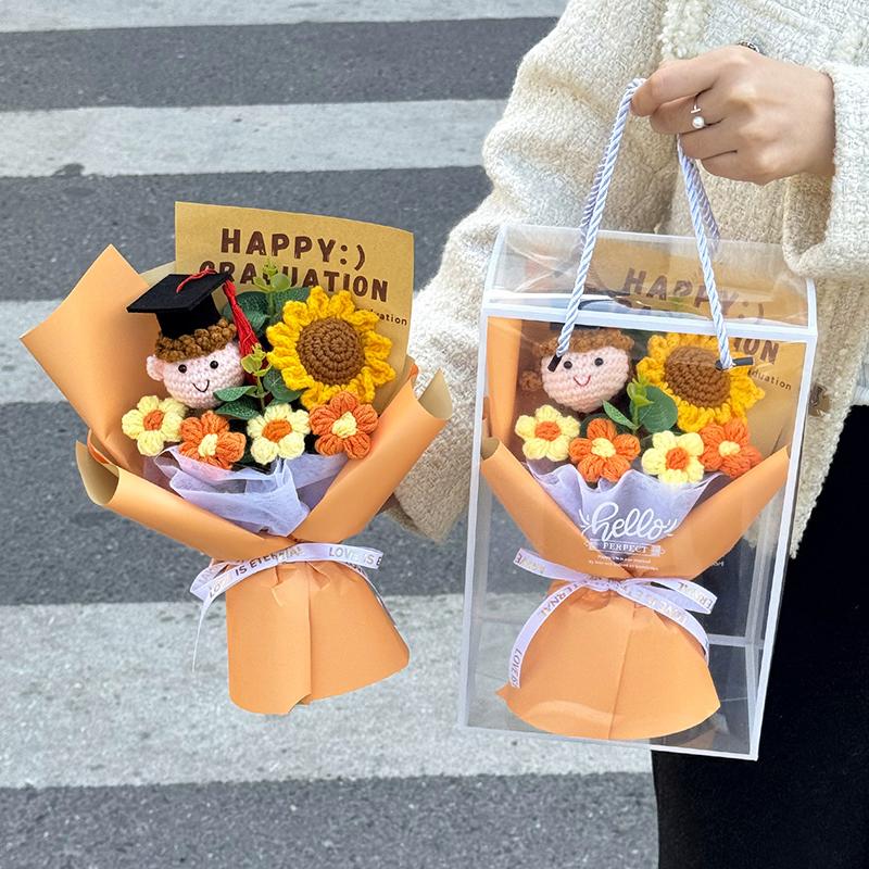 Graduation Crochet Flower Bouquet Hand Knitted Sunflowers Bear Flower Bouquet Teachers Day Gift Graduation Party Decoration