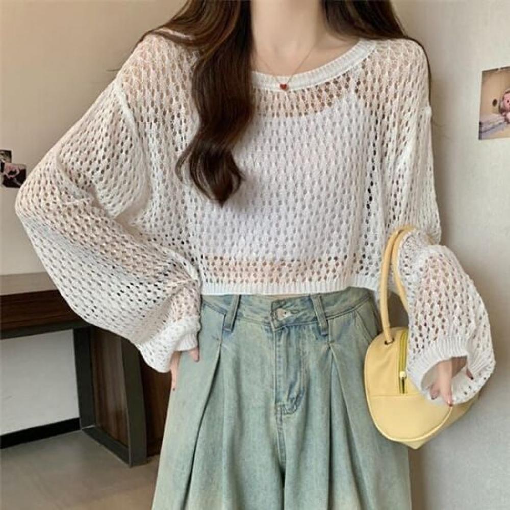 Navava Women Cropped Punching Long Sleeve KniT T shirT Nk2881