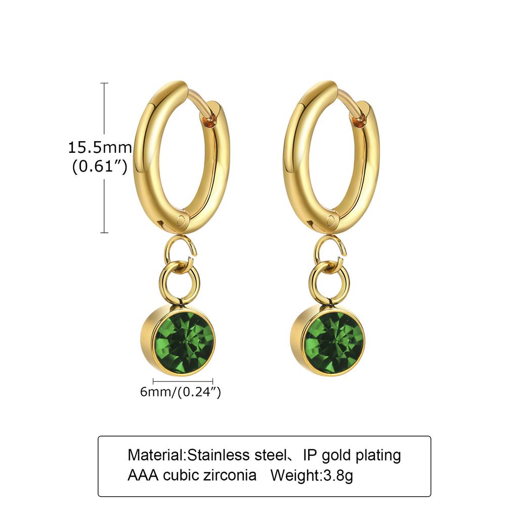 12 Colors Birthstone Huggie Earrings for Women, PVD Gold Color Tone Stainless Steel Brilliant AAA Cubic Zirconia Dangle Ear Clip