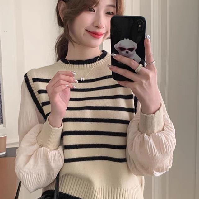 Women's 2023 French Style Striped Patchwork Long Sleeve Knit Sweater