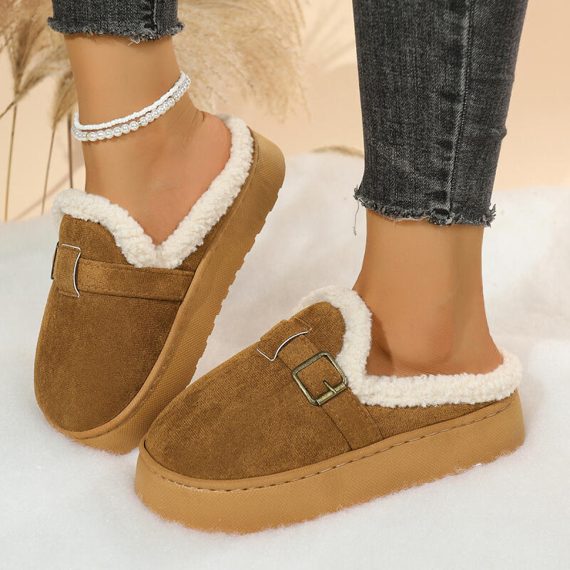 Fashion Warm Short Plush Mules Slippers Women 2025 Winter Soft Thick Bottom Fluffy Fur Casual Shoes Metal Buckle Corduroy Home Slippers