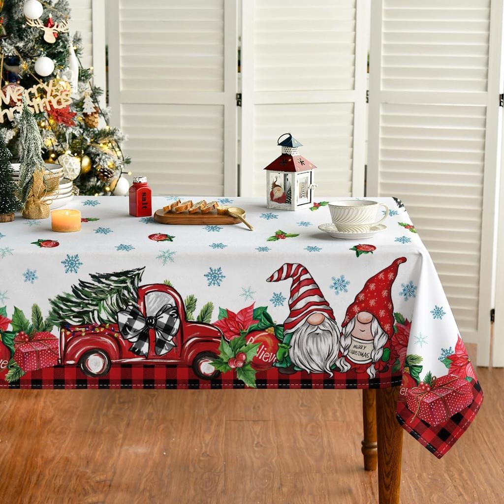 Christmas Gnome Truck Buffalo Plaid Tablecloth Party Decor Washable Xmas Snowflake Waterproof Tablecloth Christmas Decorations