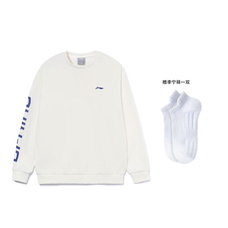 Li Ning Training Collection Logo Print Thermal Fleece Lined Loose Fit Pullover Sweatshirt Unisex White AWDRF44-3