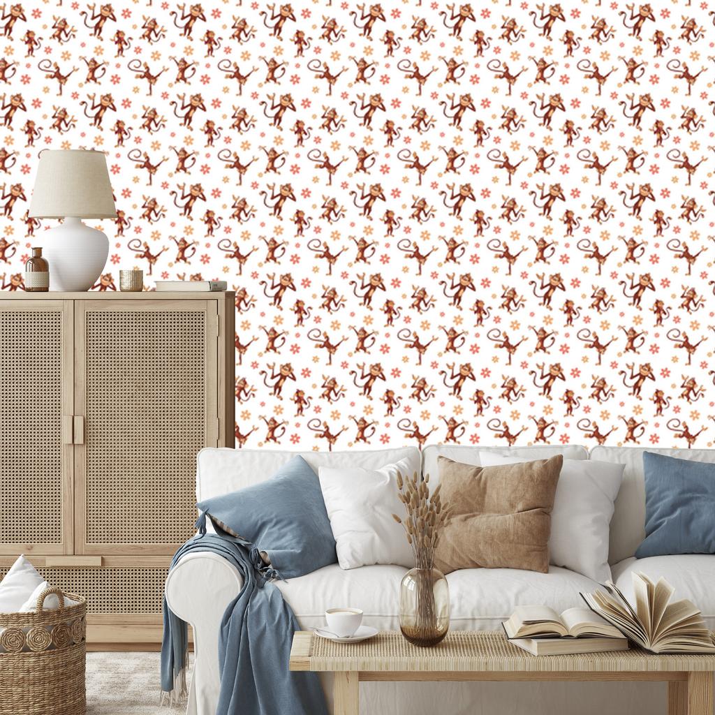 Monkey Wallpaper White and Cream for Living Room and Bedroom 50x1000