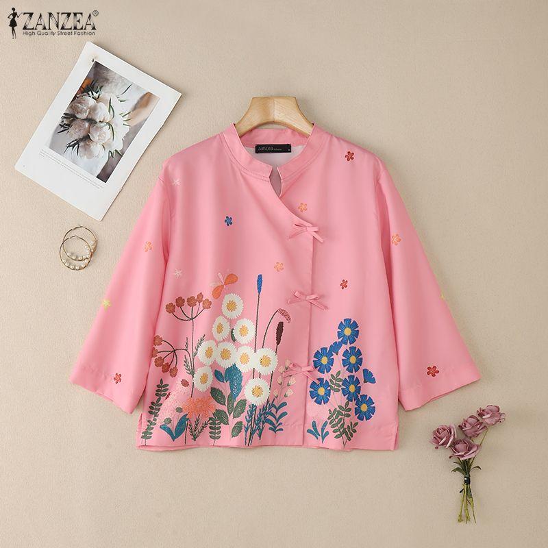 ZANZEA Women Summer Round Neck Long Sleeve Loose Floral Blouse
