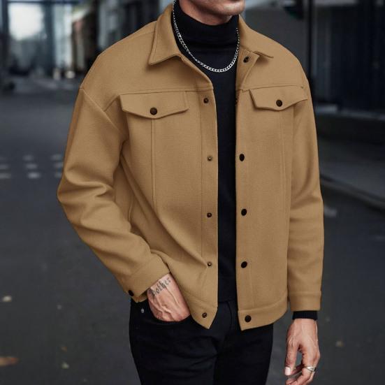 Men Jacket Woolen Lapel Design Long Sleeve Solid Color Coat with Flap Pockets Design