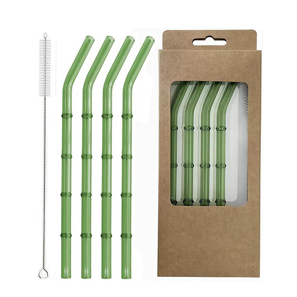 4-Pack Bamboo Reusable Glass Straws Set, Borosilicate Glass Drinking Straws with Brush for Smoothies, Coffee, Cocktails, Hot & Cold Drinks