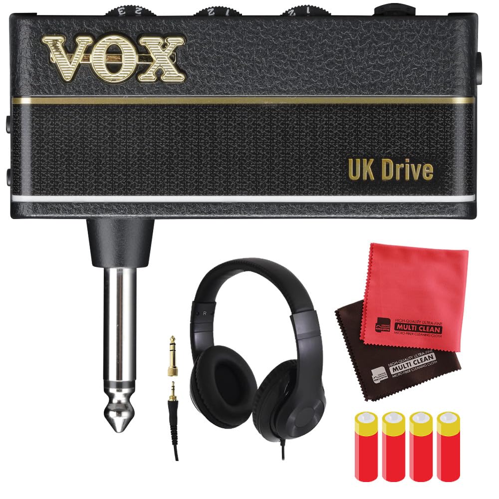 VOX amPlug3 UK DRIVE Headphone Amplifier, Headphones, Cloth, and AAA Batteries (4-Piece Set)
