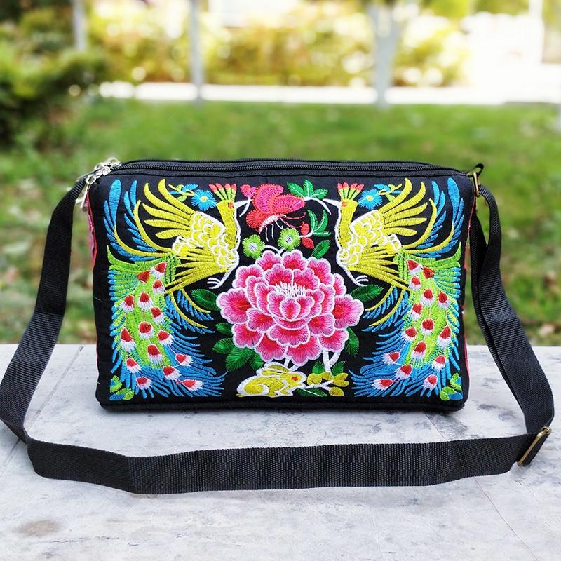 Ethnic Embroidered Crossbody Bag, Women's Canvas Shoulder Bags with Large Capacity