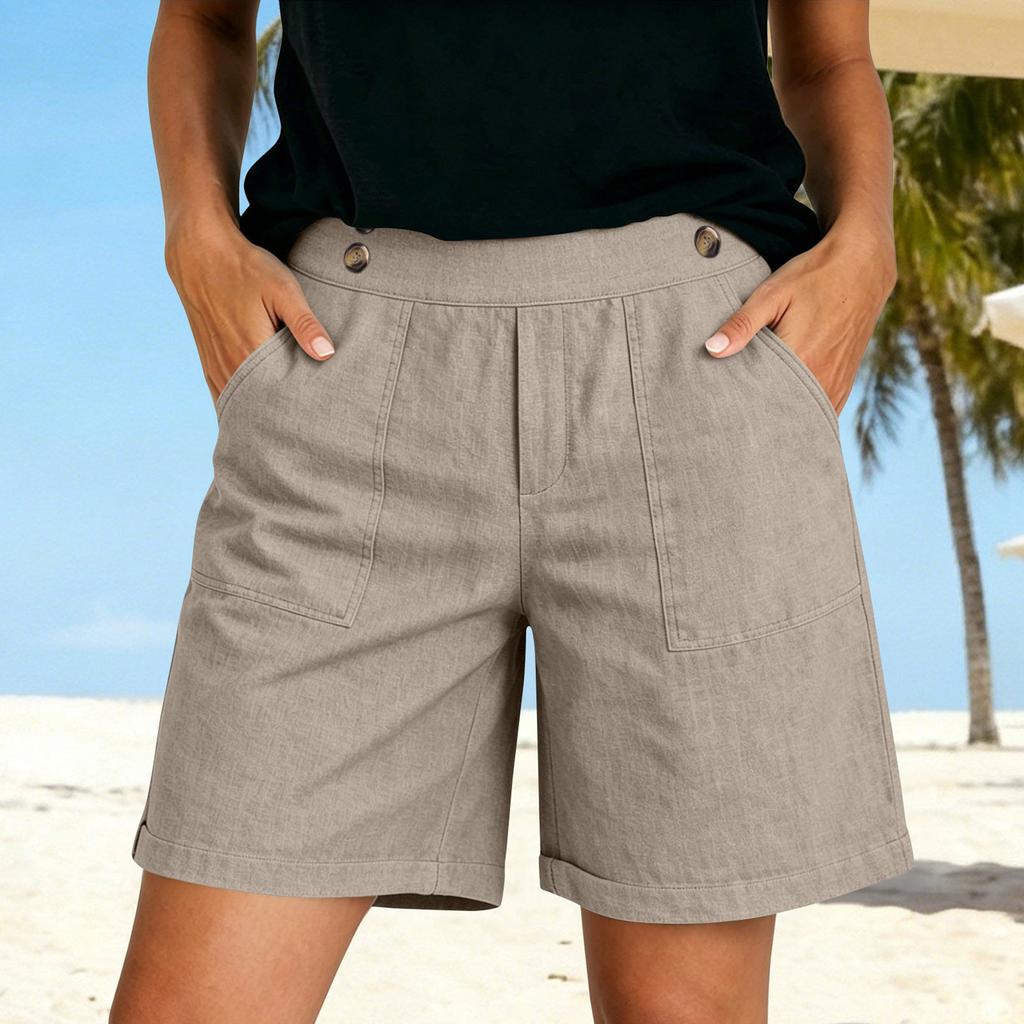 Weiche Shorts aus Baumwollleinen für Damen, Taschen, weicher Knopfverschluss, kein Reißverschluss, schmale Passform