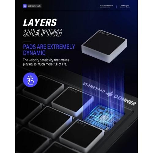Donner STARRYPAD MIDI Controller, 16 Pads, USB Type-C, Music Production, Backlit, Japanese Instruction Manual