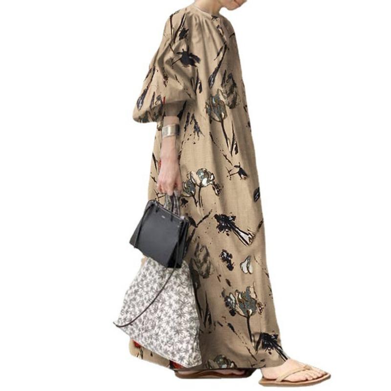 Printed V-neck Simple Loose Casual Long Plus Size Dress
