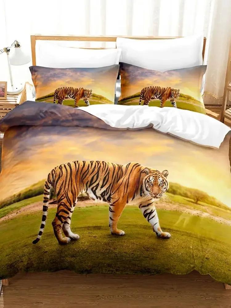 3D Tiger Leopard Pattern Bedding Set Ties Wild Animal King Of The Jungle Theme Duvet Cover  For Boys Teens Gifts Full Size