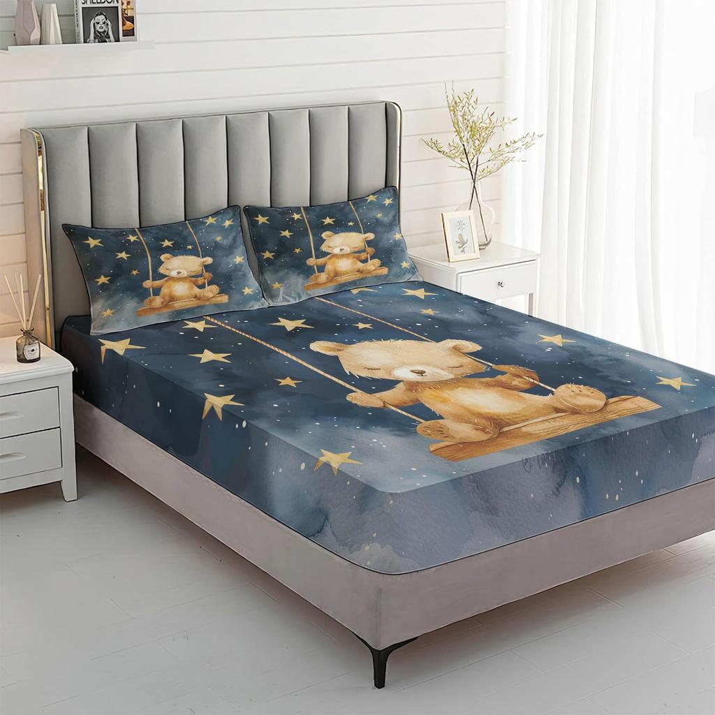 Starry Sky Swing Bear Pattern Mattress Four-Piece Bedding Set Bedroom Dormitory Bedding Decoration