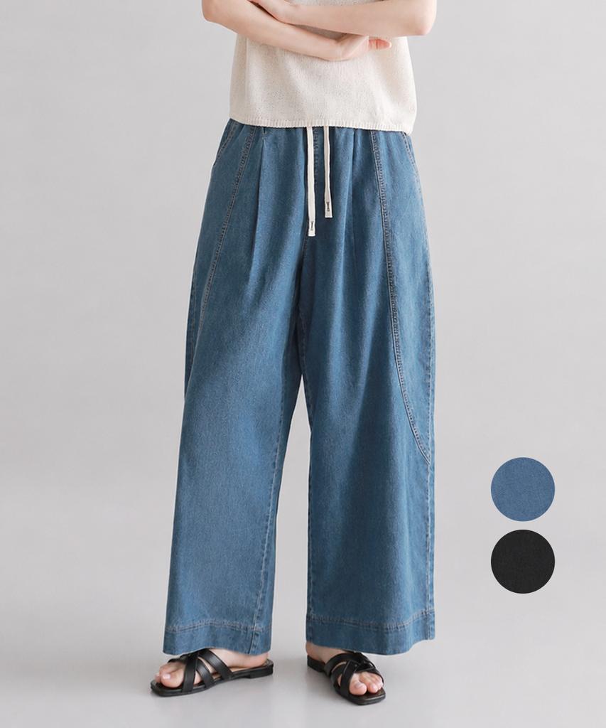 KIM YOUNG JOO GOLF Summer Pintuck Cut Elastic Waist Women'S Wide Jeans Dqmljn77