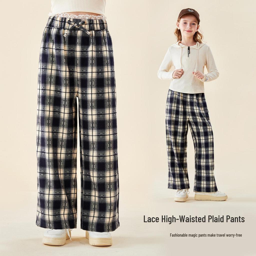 Dívčí krajkové kalhoty s vysokým pasem a širokými nohavicemi s kostkovaným vzorem - Móda podzim 2025