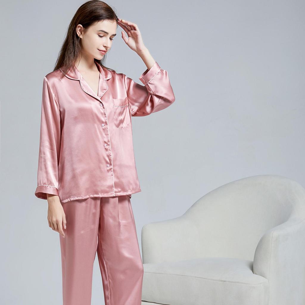 Women's Long Sleeve Silk Pajama Set - 100% Mulberry, Versatile for Spring/Summer, Indoor/Outdoor Wear