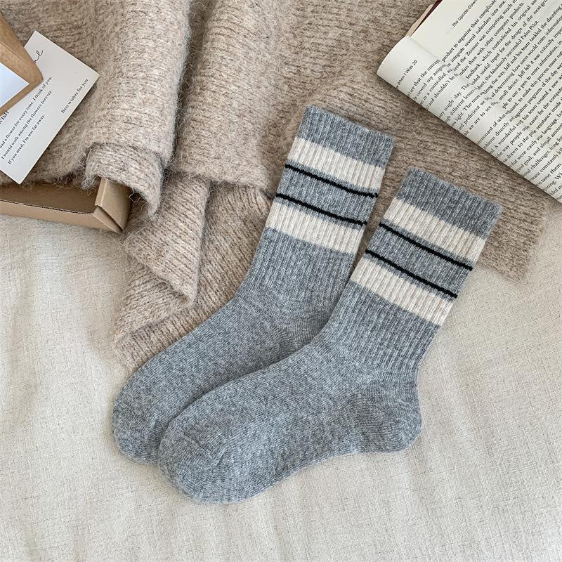 Striped Patchwork Wool Pile Socks, Dark Grey Socks, Women's Autumn and Winter Thickened Cashmere Mid-calf Socks