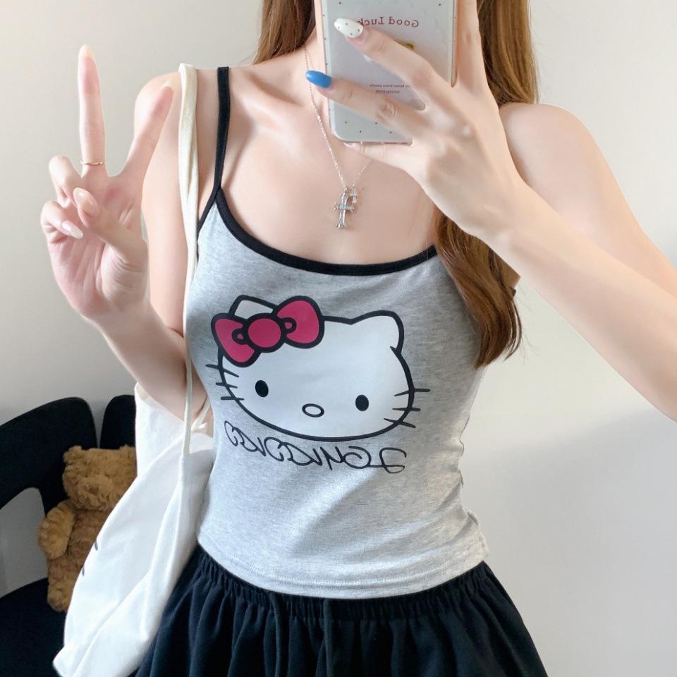 #Summer New Sweet Wind Cartoon Print Splicing Contrasting Color Sling Vest Slim Fixed with Chest Pad