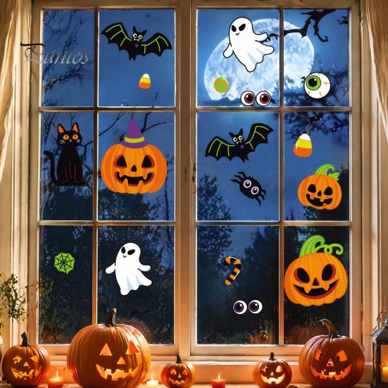 Classroom Halloween Decorations Cute Static Cling Window Stickers, Pumpkin Ghost Bat Black Cat Glass Decals Decals, No Adhesive Removable Art for Home