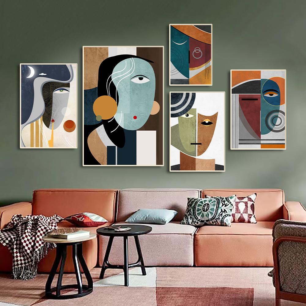 Oljemalerier i Picasso-stil, abstrakte geometriske linjer, kvinnelige ansiktsbilder, plakater og hjemmedekor