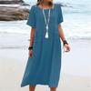 Women Casual Cotton Linen Short Sleeve Round Neck Solid Color Loose Pocket Beach Holiday Seaside Dress Skirt Summer