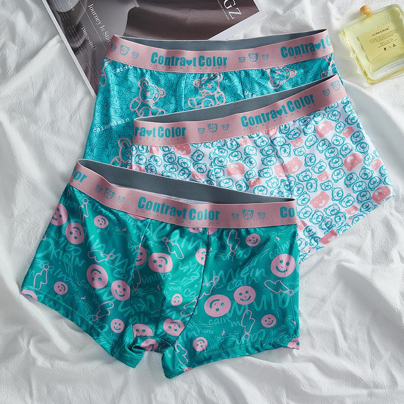 2pcs Men's Underwear Trend Printed Breathable Teenage Mid Waist Underwear Men's Four Cornered Underwear Boxer Brief