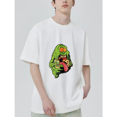 Camiseta Oversize Negra Verde Monstruo Comiendo Pizza y Refresco Estampado Gráfico Streetwear Casual para Hombres y Mujeres