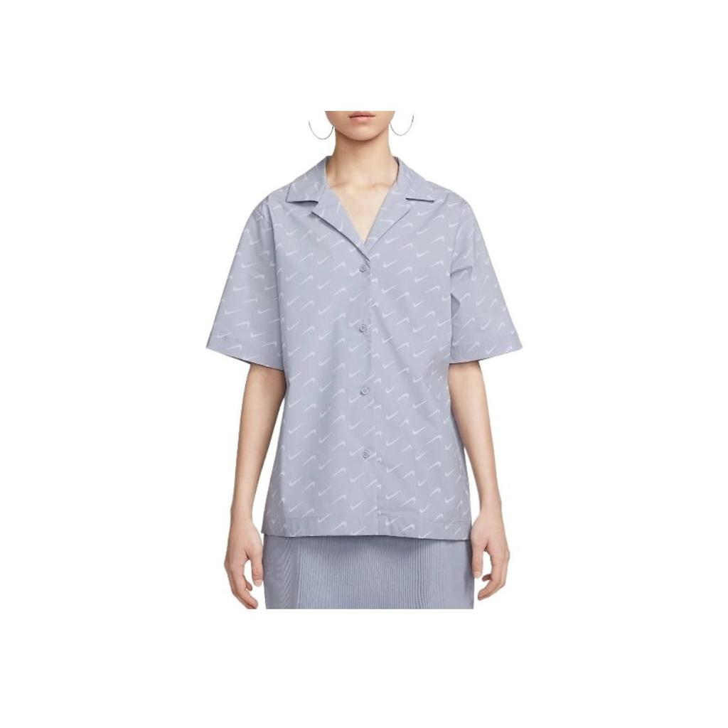Nike Patterned Button-Up Short Sleeve Shirt Women Shirts Indigo DV7931-519