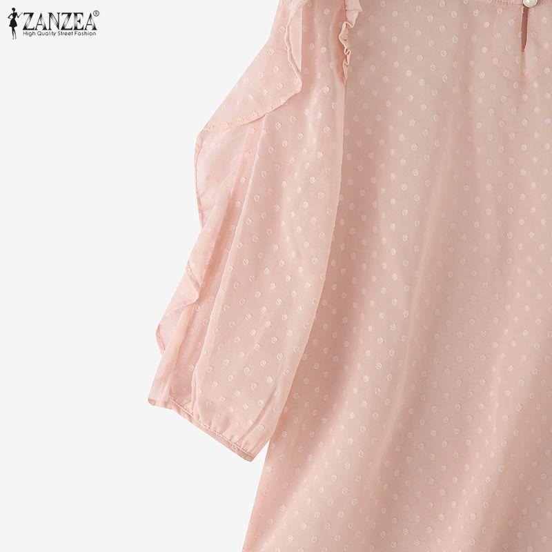 ZANZEA Womens Casual Ruffles Splice 3/4 Sleeve Summer Sheer Cover Up Blouse