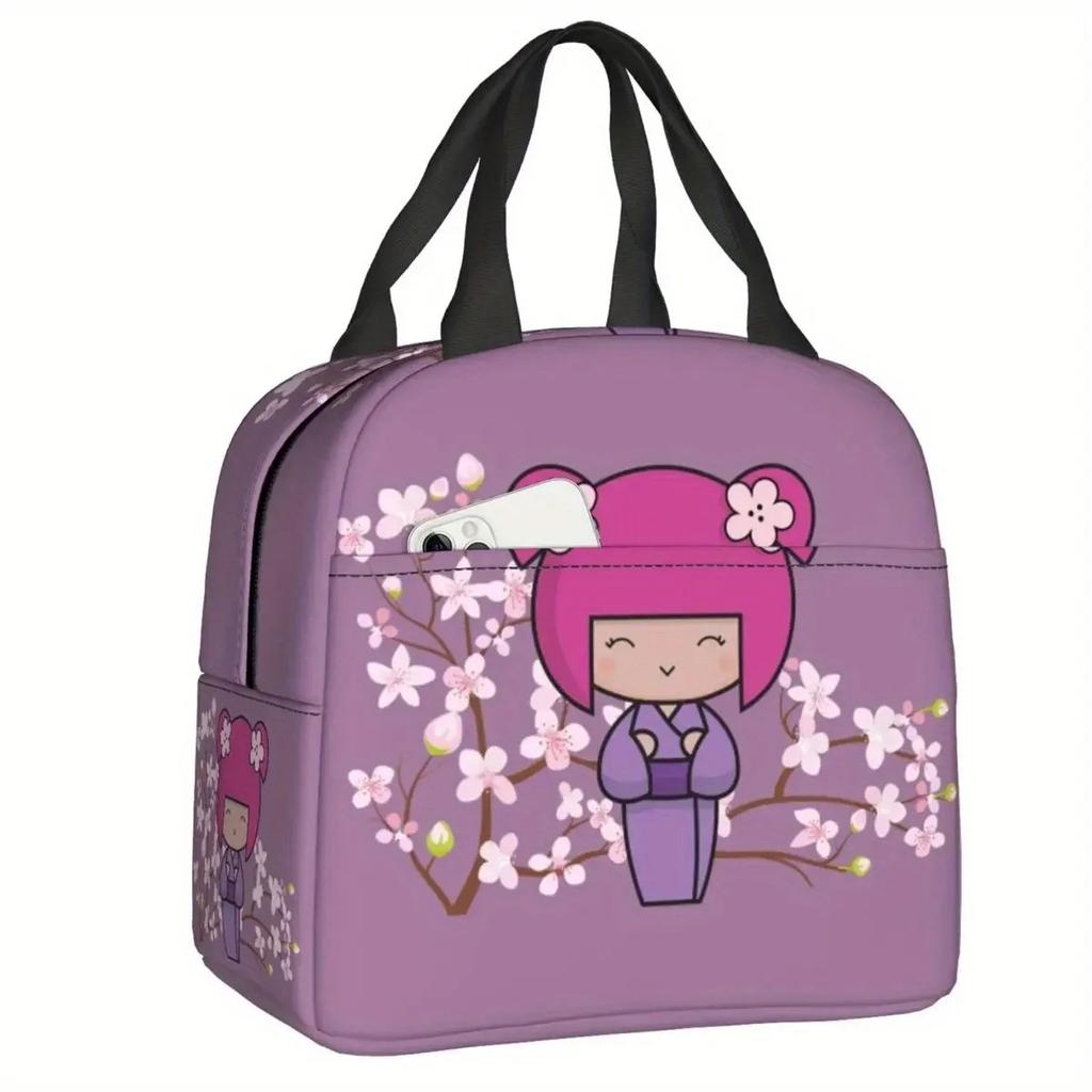 Cherry Blossom Kokeshi Doll Insulated Lunch Bag - Reusable Thermal Cooler Bento Box with Cute Sakura Design