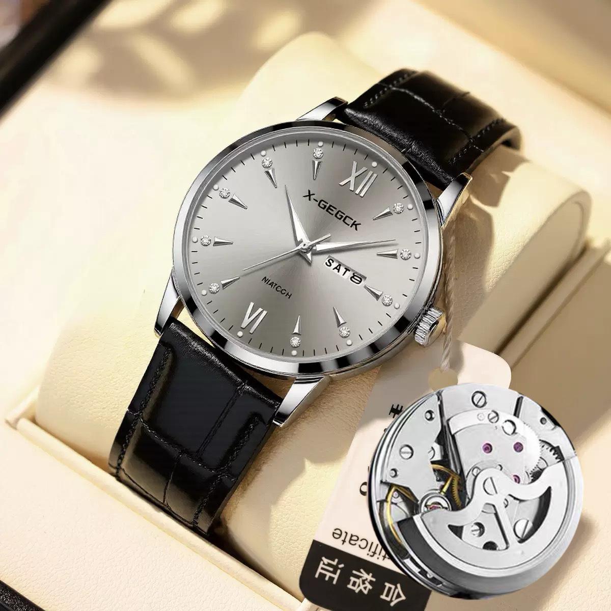 Swiss automatic non-mechanical watch business men s watch hollow waterproof luminous double calendar high value
