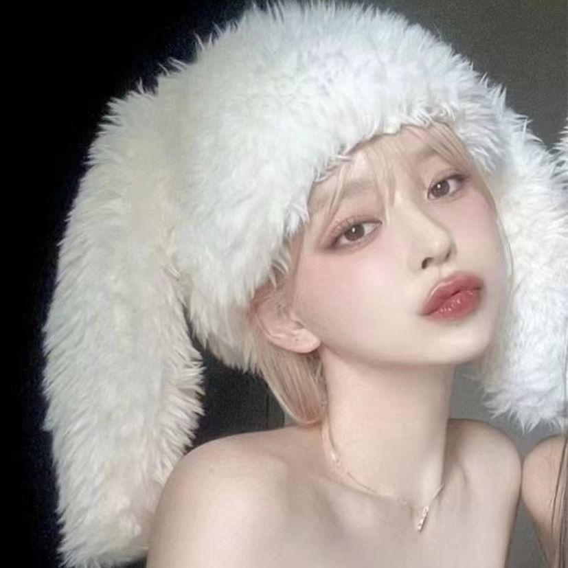 Y2K Rabbit Ears Plush Hats Cute Girls Winter Beanie Pullover Cap Women Lolita Thickened Warm Funny Party Pography Fleece Hats