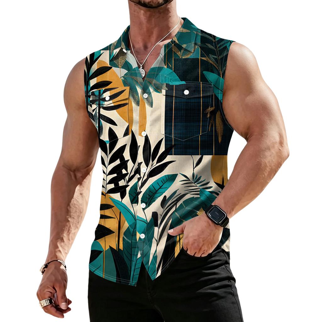 Men's Workwear Lapel Button-Down Vest Shirt - Lightweight Sleeveless Top