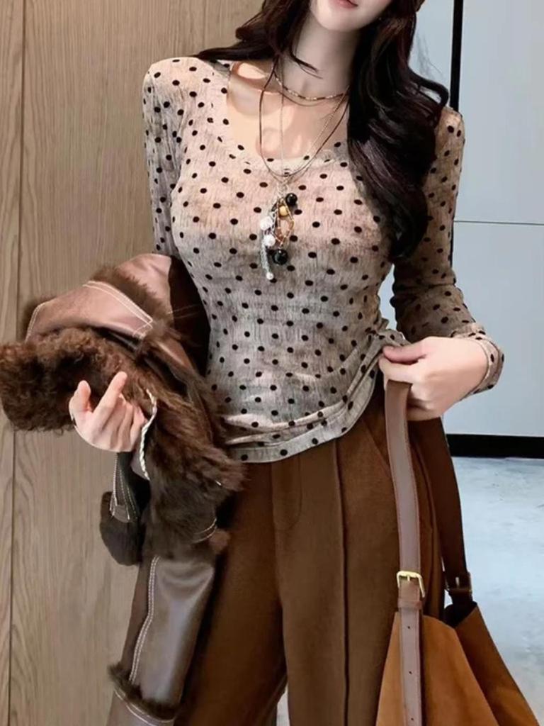 Women's Spicy Girl Polka Dot Color Block Long Sleeve Slim Fit Top - Autumn/Winter