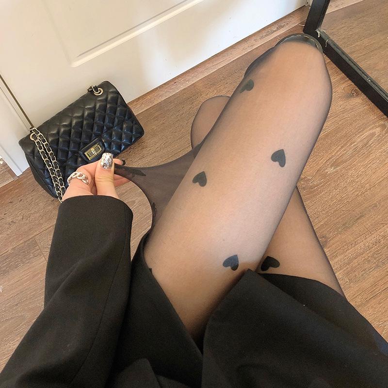 Printed Stockings Black Heart Stockings White Big Heart Pantyhose Ultra-Thin Black Anti-Snag Any Cut Socks