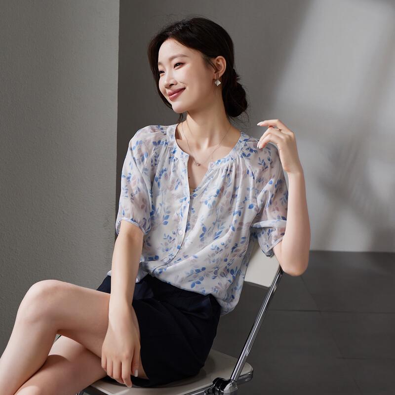 SOFSIL Women s Floral Print Silk V-Neck Short Sleeve Blouse XL