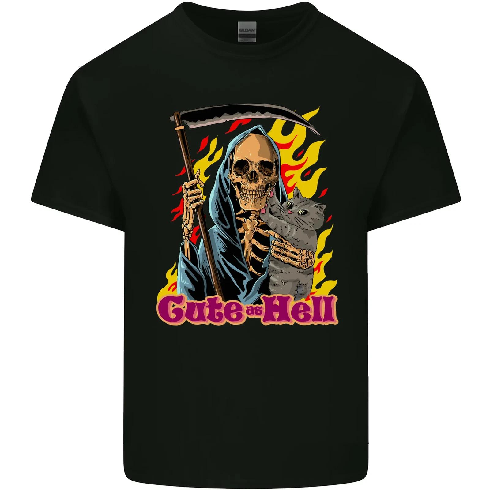 Cute Hell Cat Grim Reaper Skull Halloween Kids T-Shirt Childrens L
