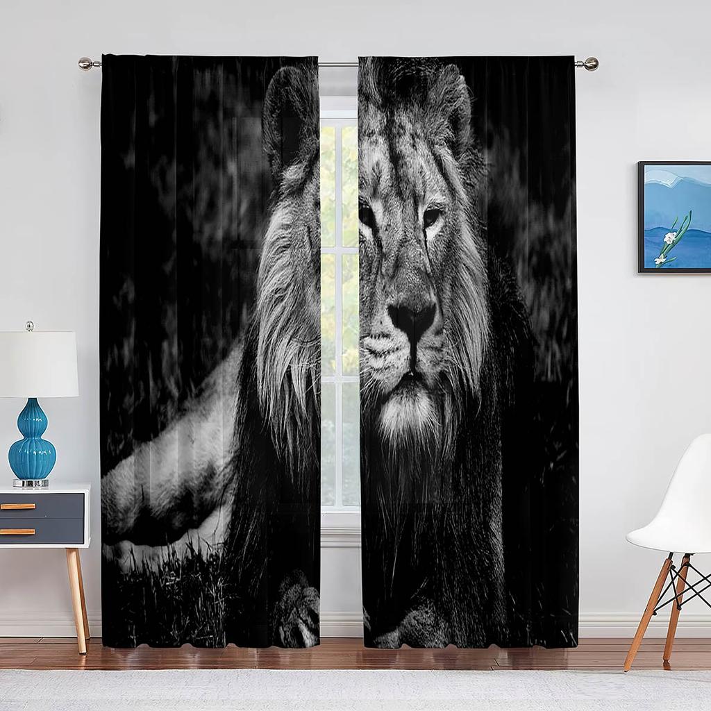 Löwenpaar Landschaftsmalerei Wolken Wildtiere Transparente Vorhänge für Wohnzimmer Schlafzimmer Küchendekor Fenstervoiles Tüllvorhang
