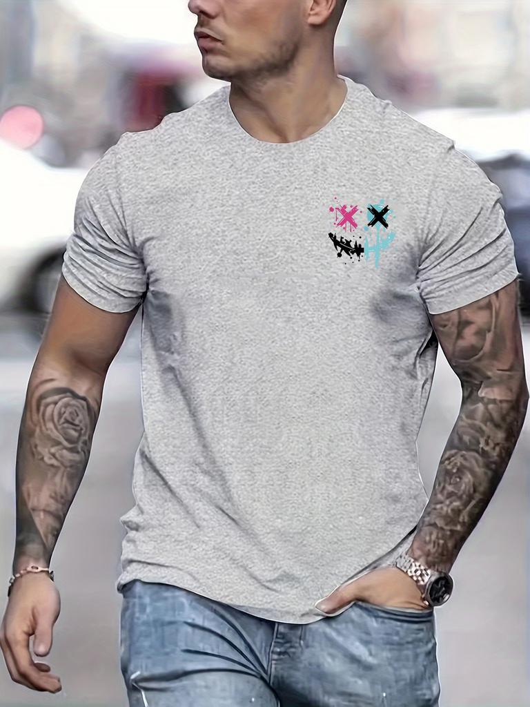 2025 Summer New Men's Cotton Soft Casual Sports Loose Smiley Face Pattern Printed Crew Neck Short Sleeve T-Shirt Top Large Size