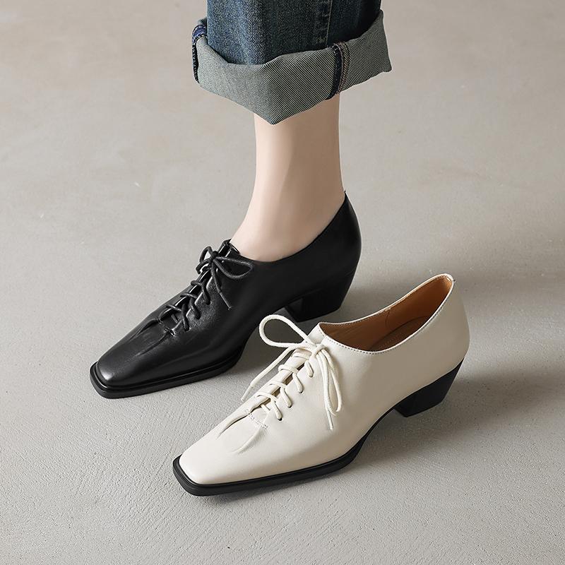 Fashion 2025 New Spring Genuine Leather Women Pumps Shoes for Women Fashion Buckle Squared Toe Loafers Shoes for Women Med Heels Ladies